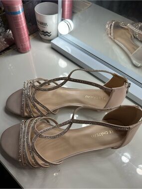 le chateau Blush Nude Rhinestone T-Strap Evening Sandals
